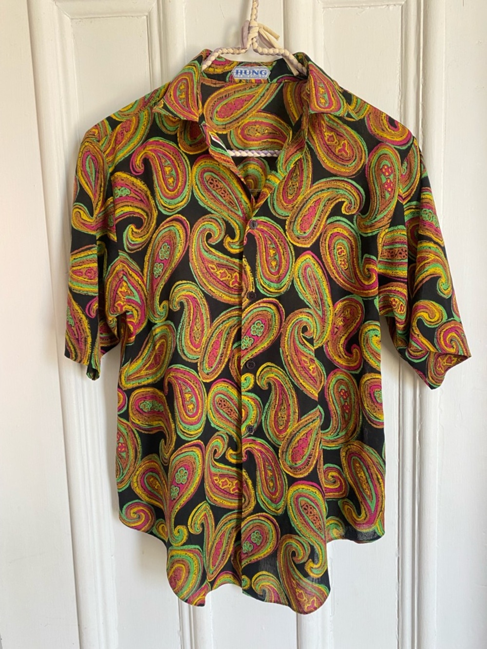 Vintage Black Paisley Short-Sleeve Shirt - Multicolor Pattern